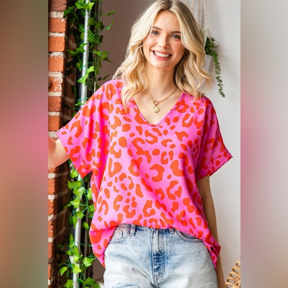 First Love Tops - First Love Leopard V-Neck Short Sleeve Woven Top